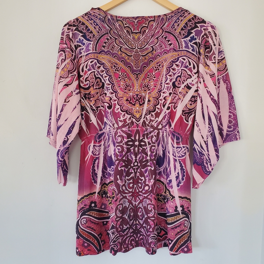 STARIALLE Sz S 3/4 Bell Sleeve Tunic Top Pink Purple V Neck Fairy Boho Hippie - Picture 6 of 14